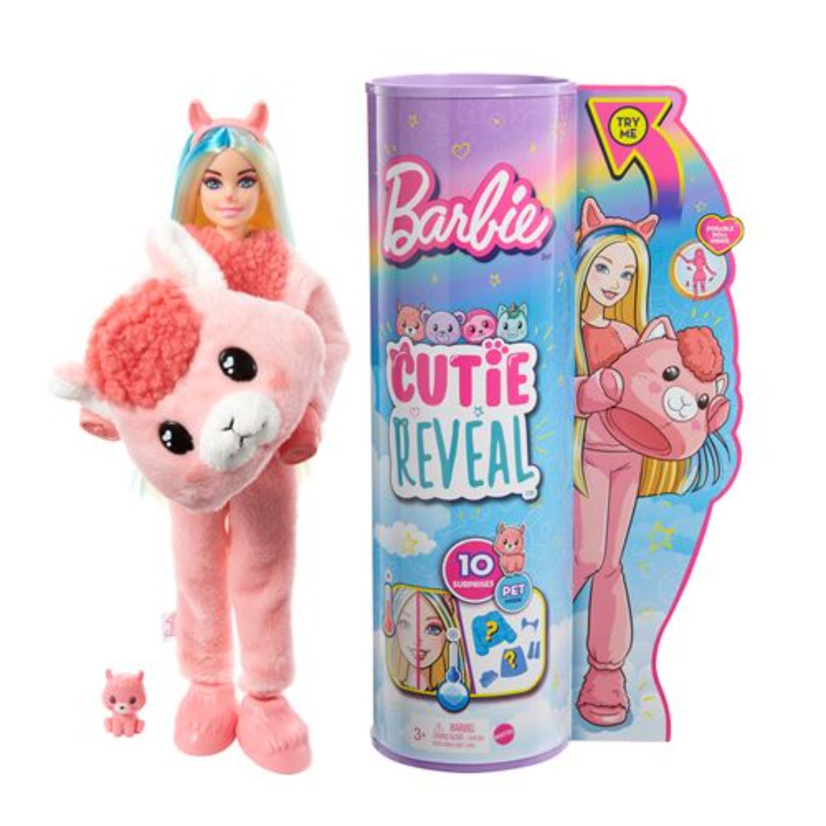 Papusa Barbie Cutie Reveal, Lama, cu 10 surprize Barbie imagine noua responsabilitatesociala.ro