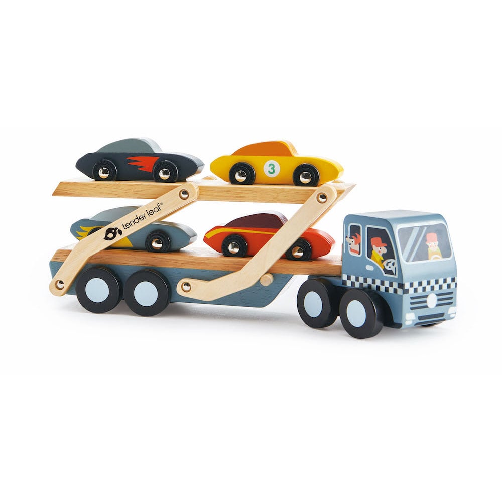 Transportatorul auto sport din lemn, Tender Leaf Toys, 5 piese auto imagine 2022 protejamcopilaria.ro