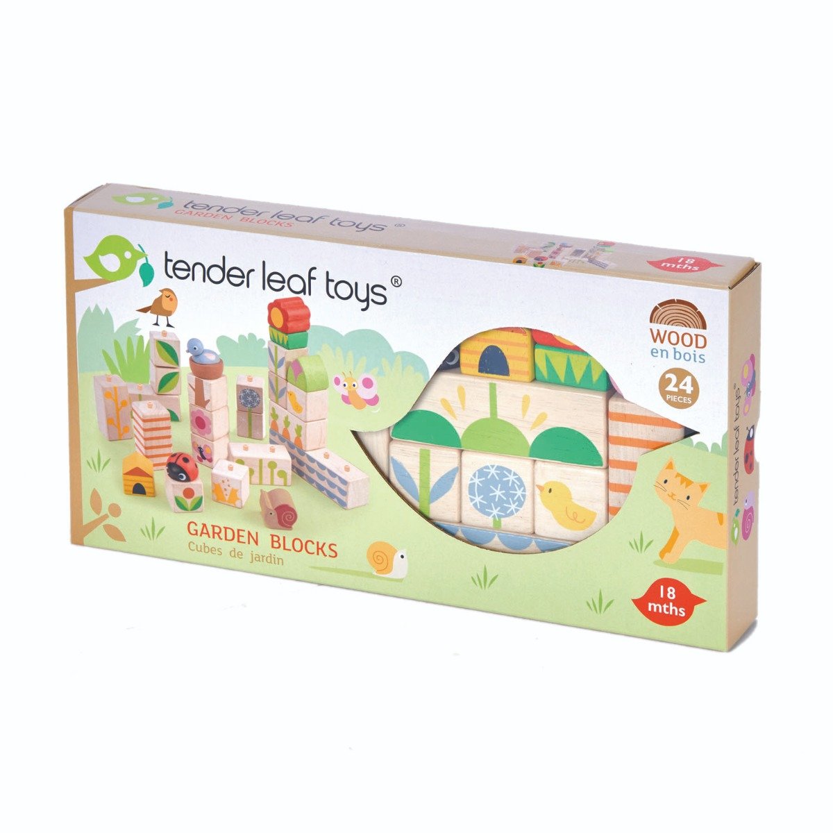 Cuburi stivuibile din lemn, Tender Leaf Toys, cu ilustratii din gradina, 24 piese Cuburi