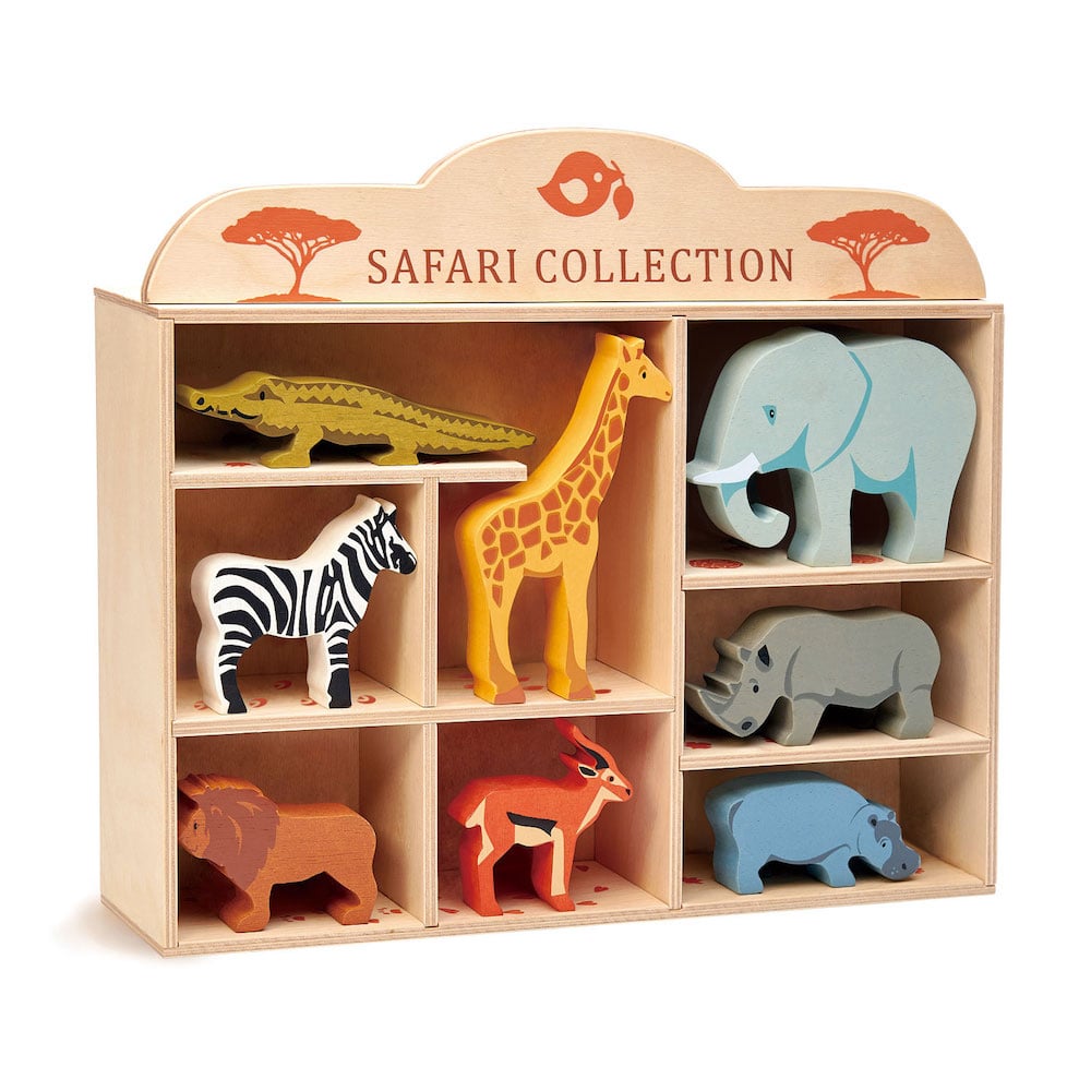 Animalute din savana pe raft, Tender Leaf Toys, Set 8 piese din lemn animalute imagine noua responsabilitatesociala.ro
