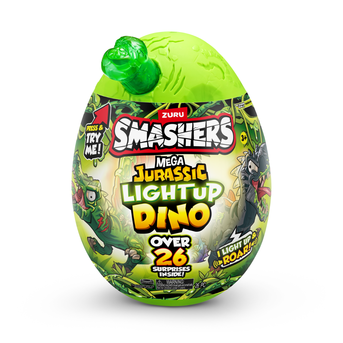 Figurina dinozaur in ou, Smashers, Mega Dino Jurassic Light-Up, Verde, S1