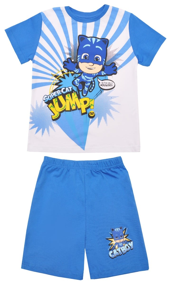 Pijama cu maneca scurta si imprimeu Pj Masks, Albastru