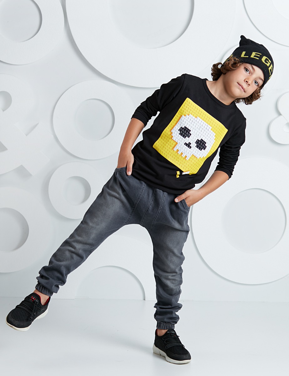 Set bluza cu maneca lunga si pantaloni jeans Mushi Skull