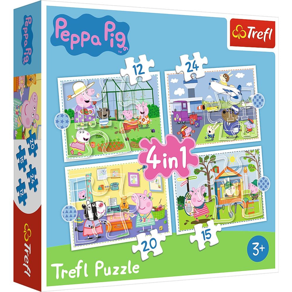 Puzzle 4 in 1, Trefl, Amintiri din vacanta Peppa Pig (12, 15, 20 si 24 piese)