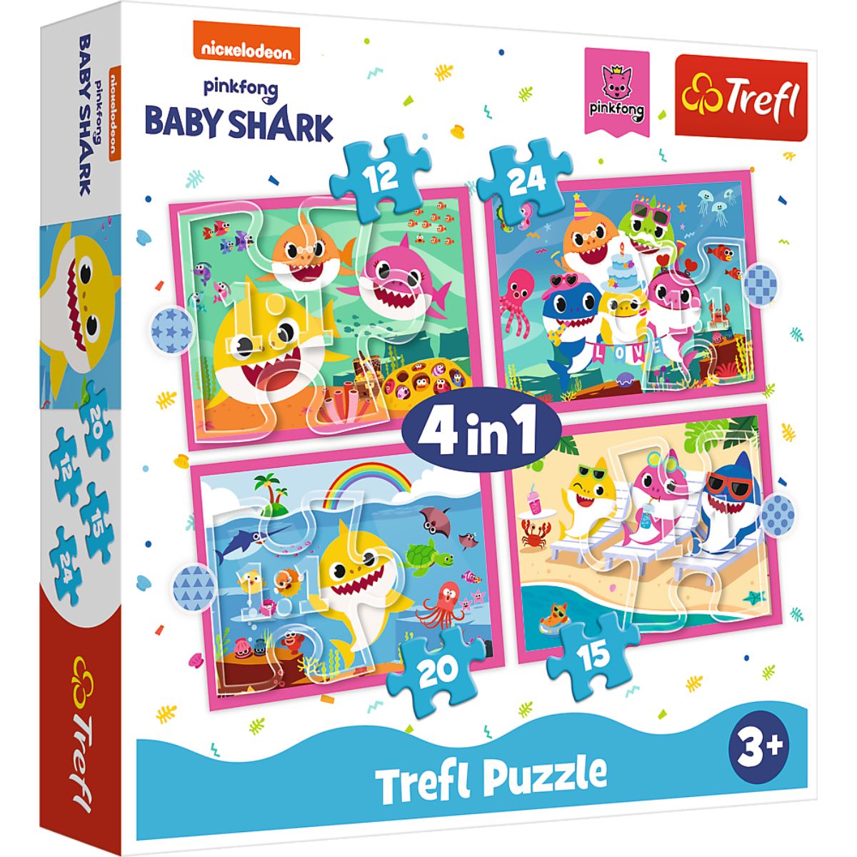 Puzzle 4 in 1, Trefl, Familia rechinilor Baby Shark ( 12, 15, 20 si 24 piese)
