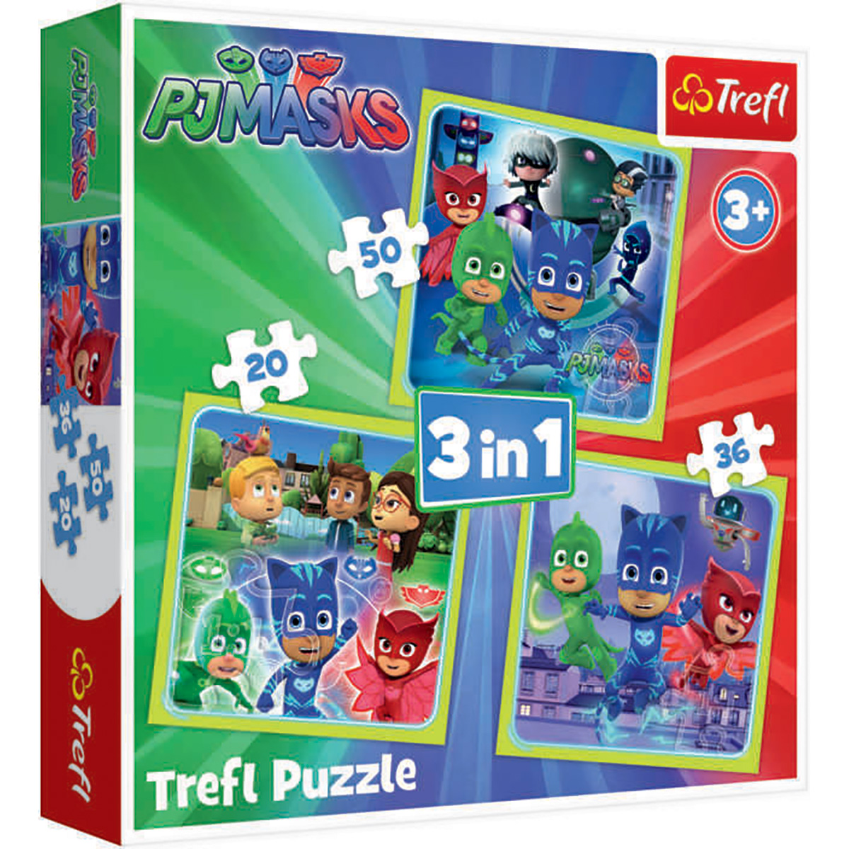 Puzzle 3 in 1 Trefl, Pj Masks, Gata de actiune (20, 36, 50 piese)