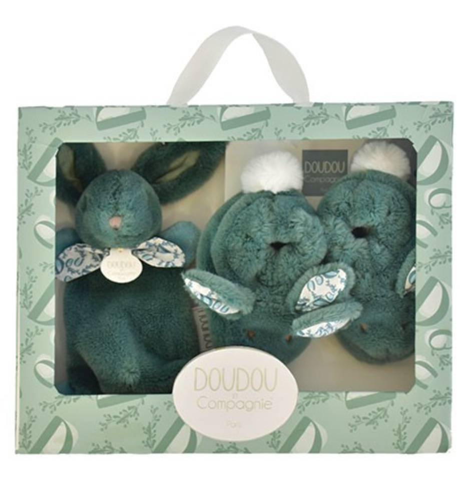 Set botosei si jucarie de plus, Doudou, Iepuras, Verde