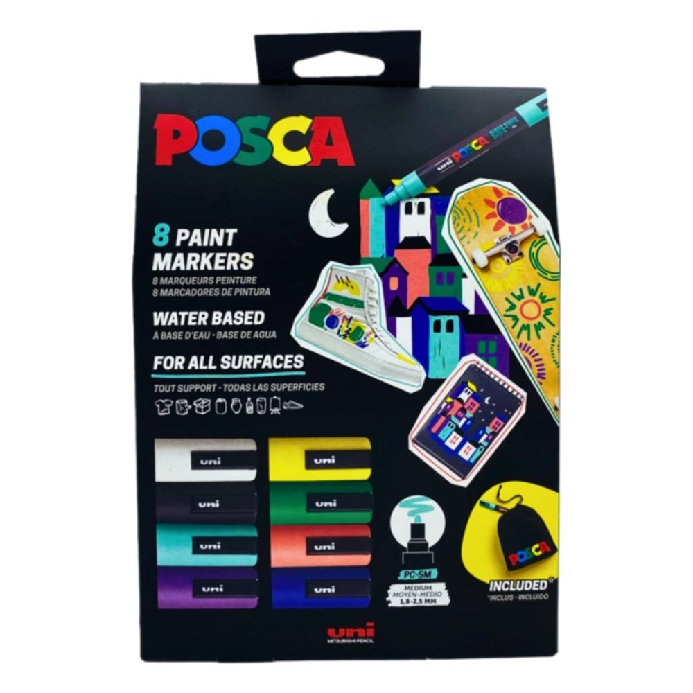 Set markere Posca, UNI PC-5M, 1.8-2.5 MM, cutie de carton si saculet, 8 culori