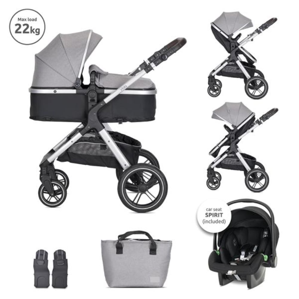 Carucior Set 3 in 1, Lorelli Viola, cos auto Spirit inclus, transformabil, sezut reversibil, pana la 22 kg, Grey