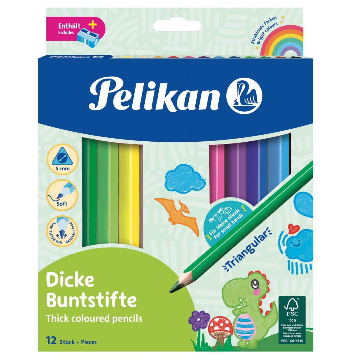 Set 12 creioane colorate cu ascutitoare, Pelikan, Jumbo