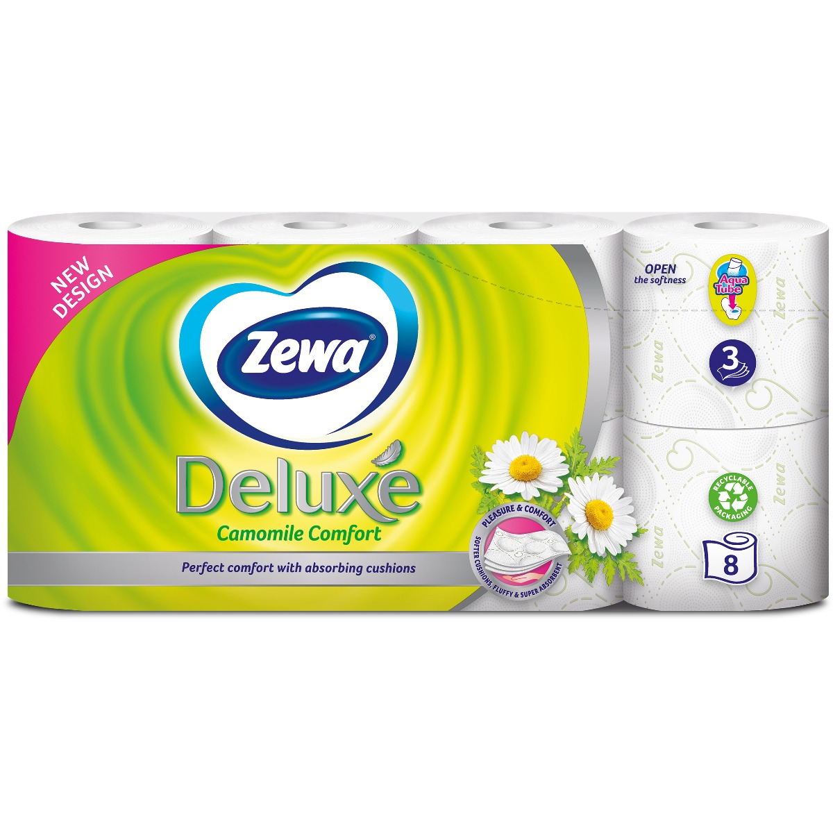 Hartie igienica Zewa Deluxe Camomile Comfort, 3 straturi, 8 role noriel.ro