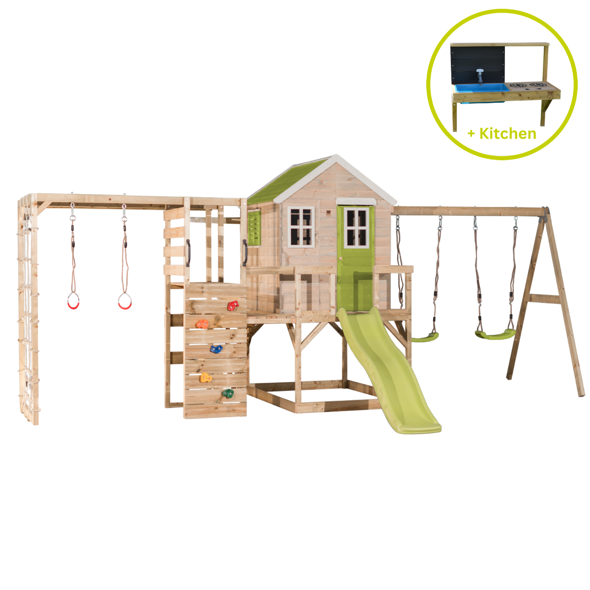 Casuta de gradina, Wendi Toys Lime Lodge, cu tobogan, leagan dublu, modul sport si bucatarie