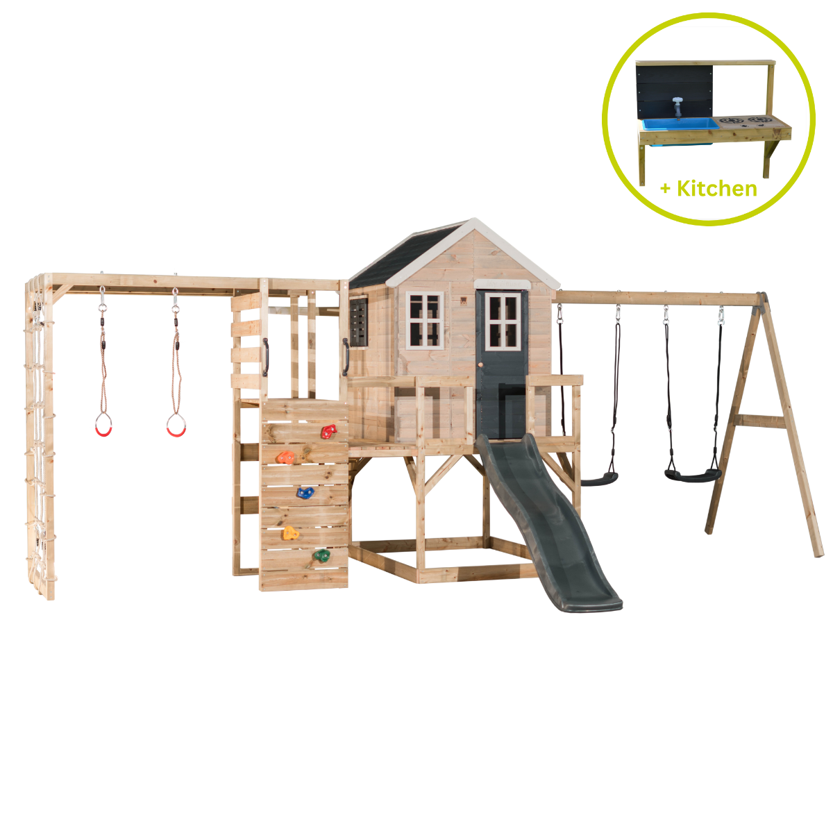 Casuta de gradina, Wendi Toys Grey Lodge, cu tobogan, leagan dublu, modul sport si bucatarie