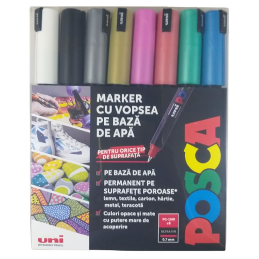 Set markere Posca, UNI PC-1MR, 0.7 MM, Varf Fin Metalic, 8 culori metalizate