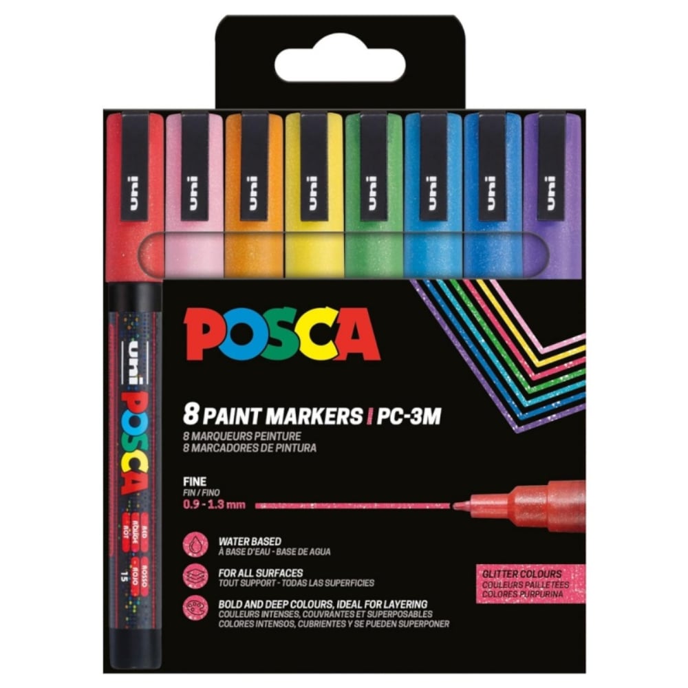 Set markere Posca, UNI PC-3ML, 0.9-1.3 MM, cu sclipici, 8 culori