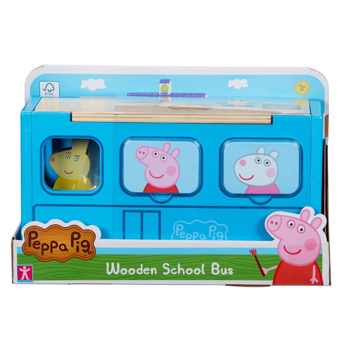 Set figurina cu autobuz scolar din lemn, Peppa Pig autobuz