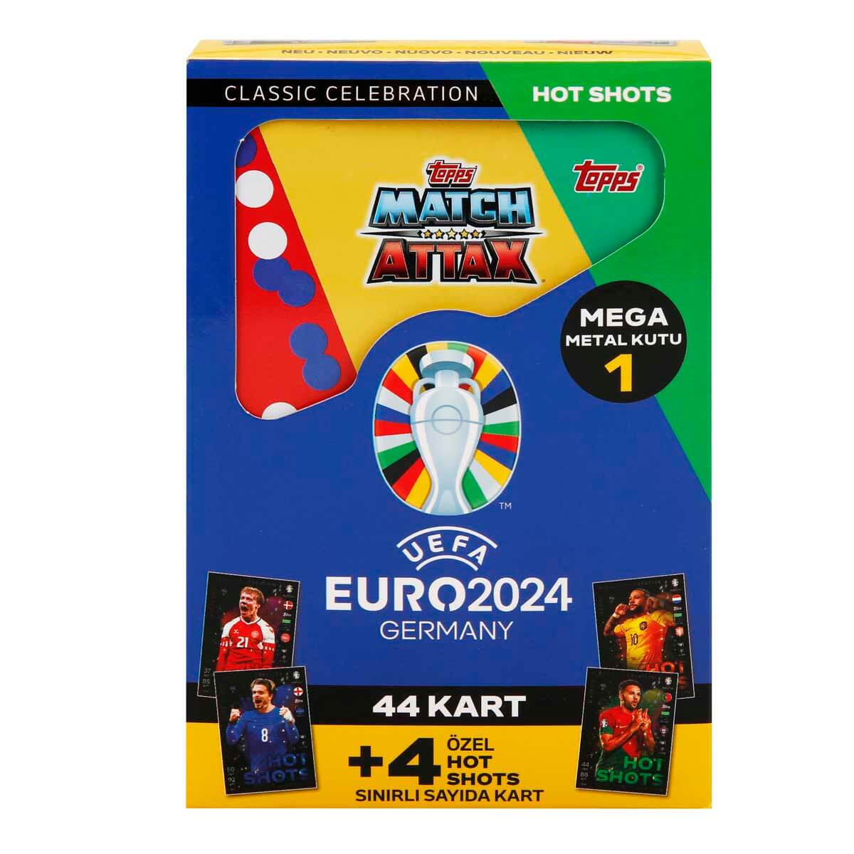 Cartonase cu jucatori de fotbal in cutie metalica, Topps, UEFA EURO 2024, 48 buc