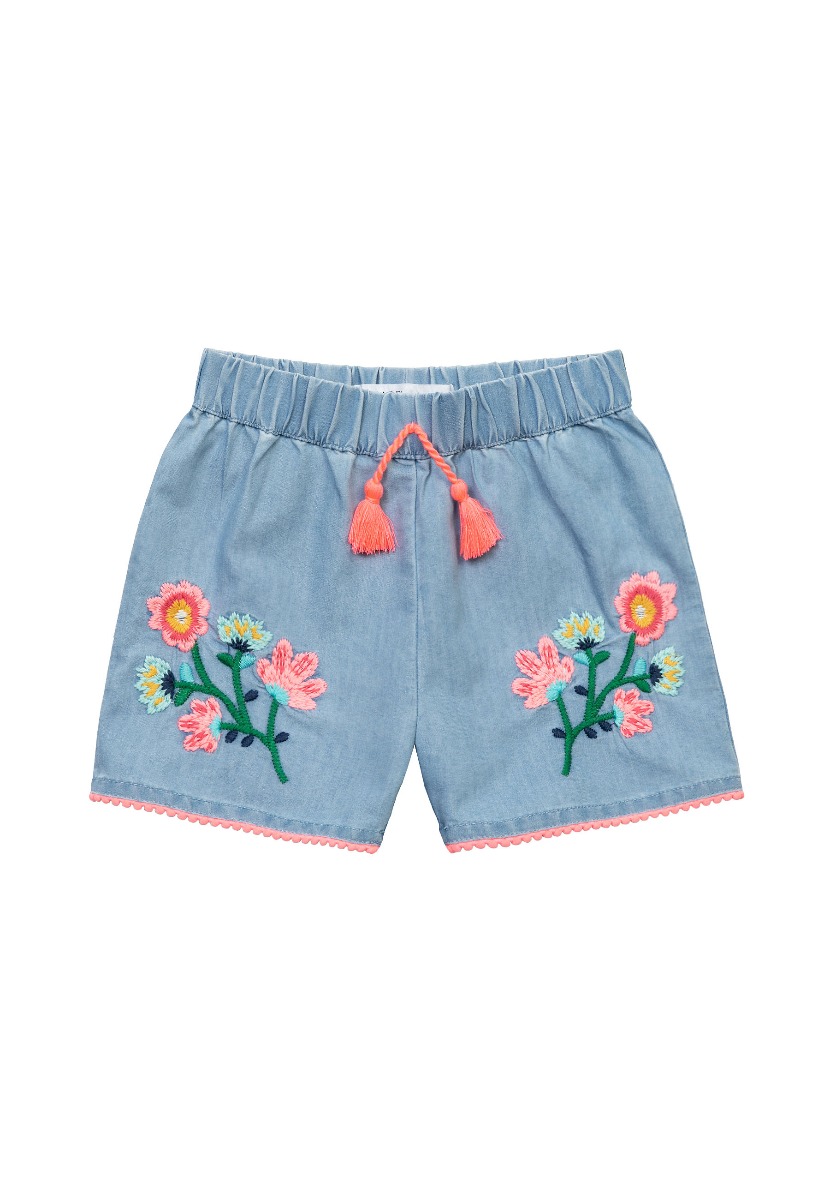 Pantaloni scurti din denim si floricele brodate, minoti