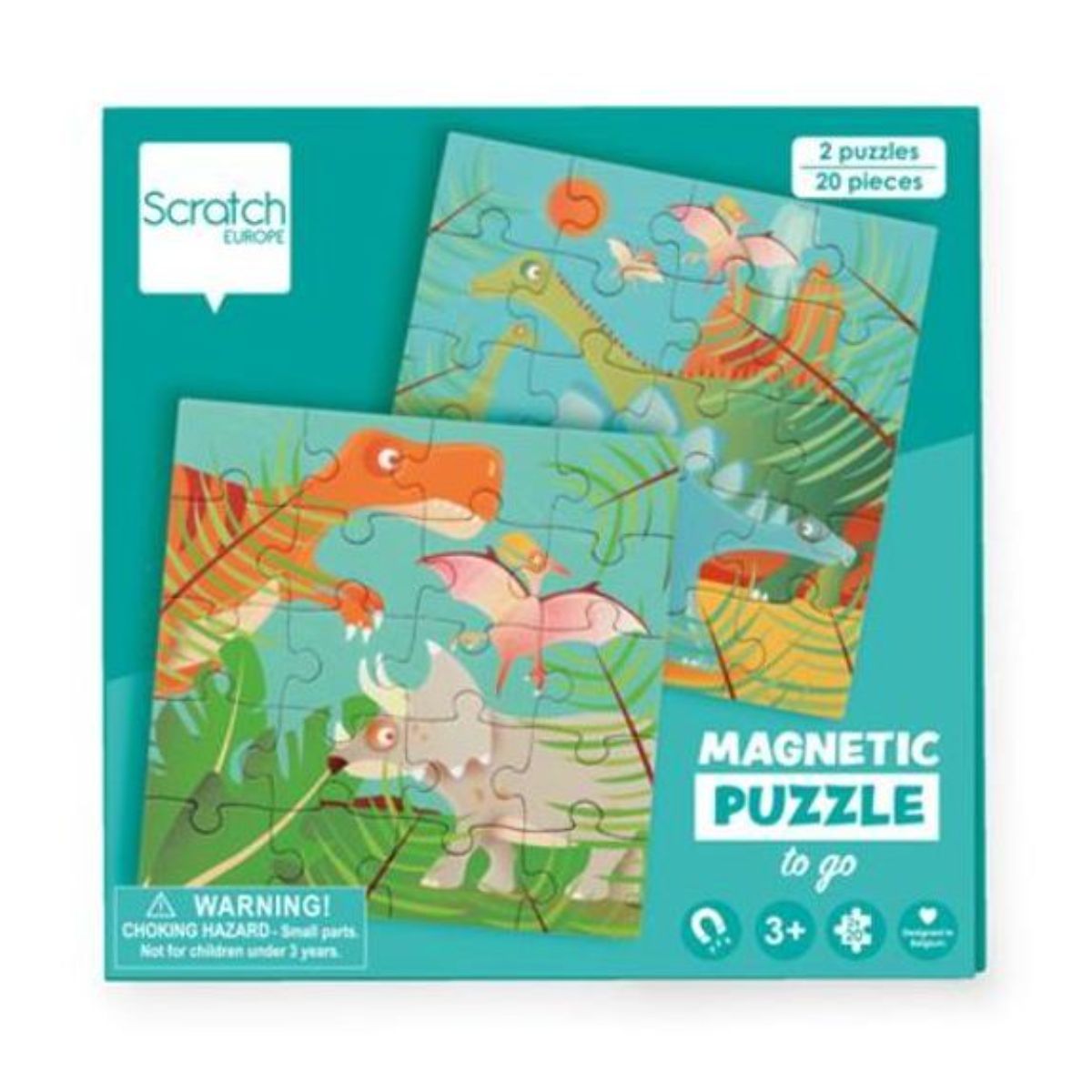 Set 2 Puzzle-uri magnetice, Scratch, tip carte cu dinozauri, 20 Piese Carte