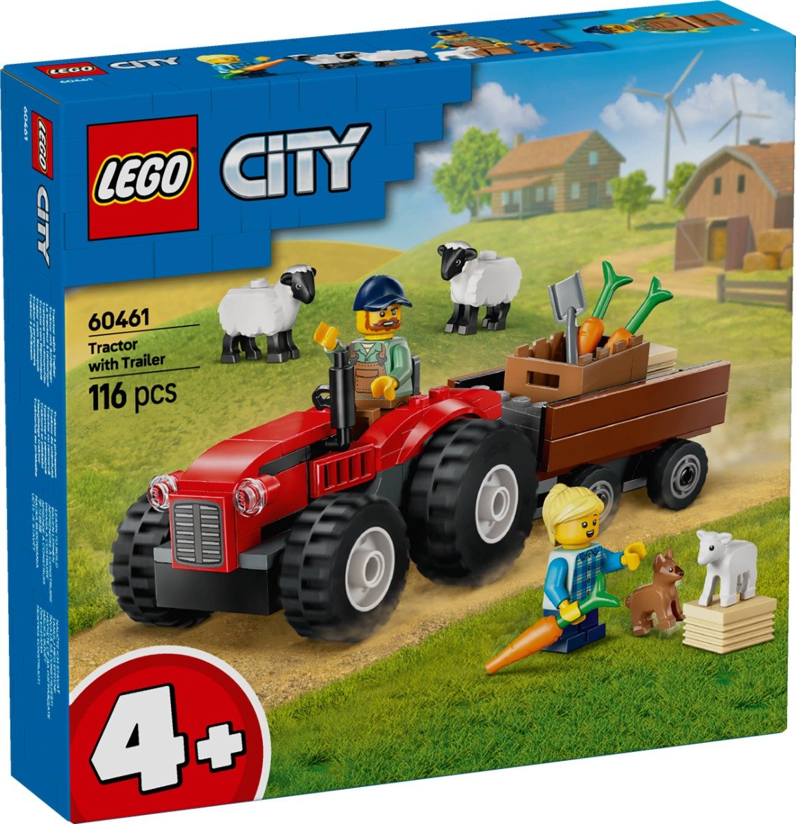 LEGOÂ® City - Tractor de ferma rosu cu remorca si oi (60461)