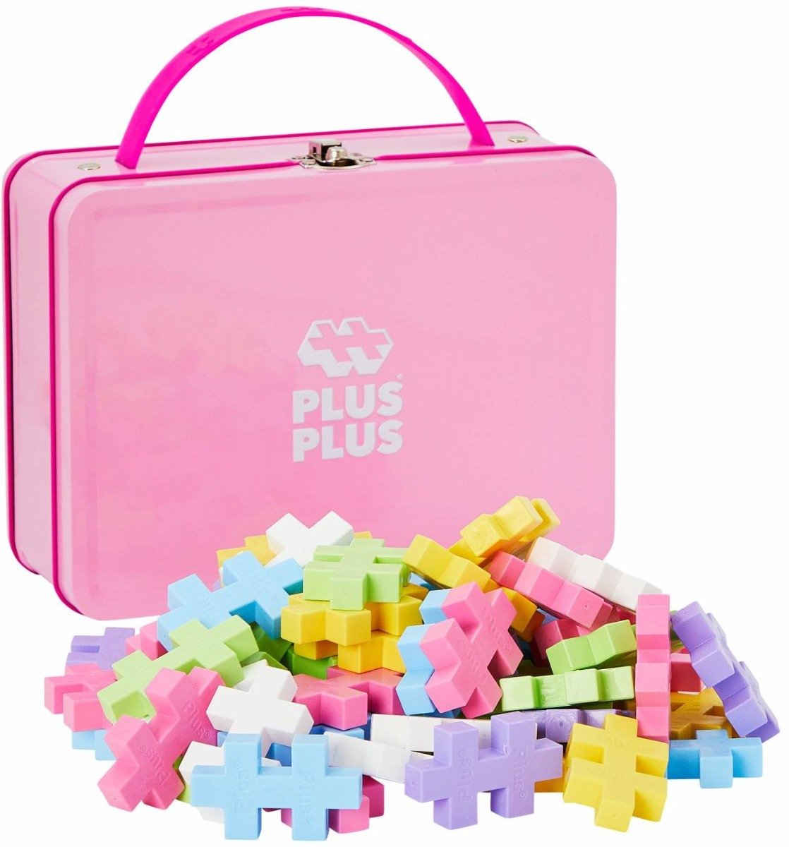 Set constructie, Plus-Plus, 70 piese mari, portabil, in cutie metalica, Culori pastelate