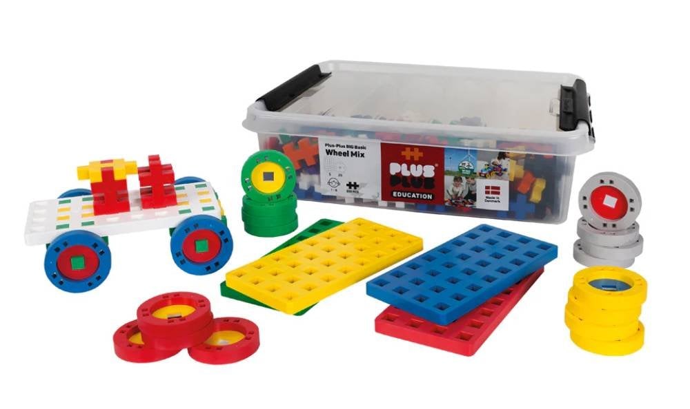 Set constructie educativ, Plus-Plus, 200 piese mari, mix, cu roti si placi de baza