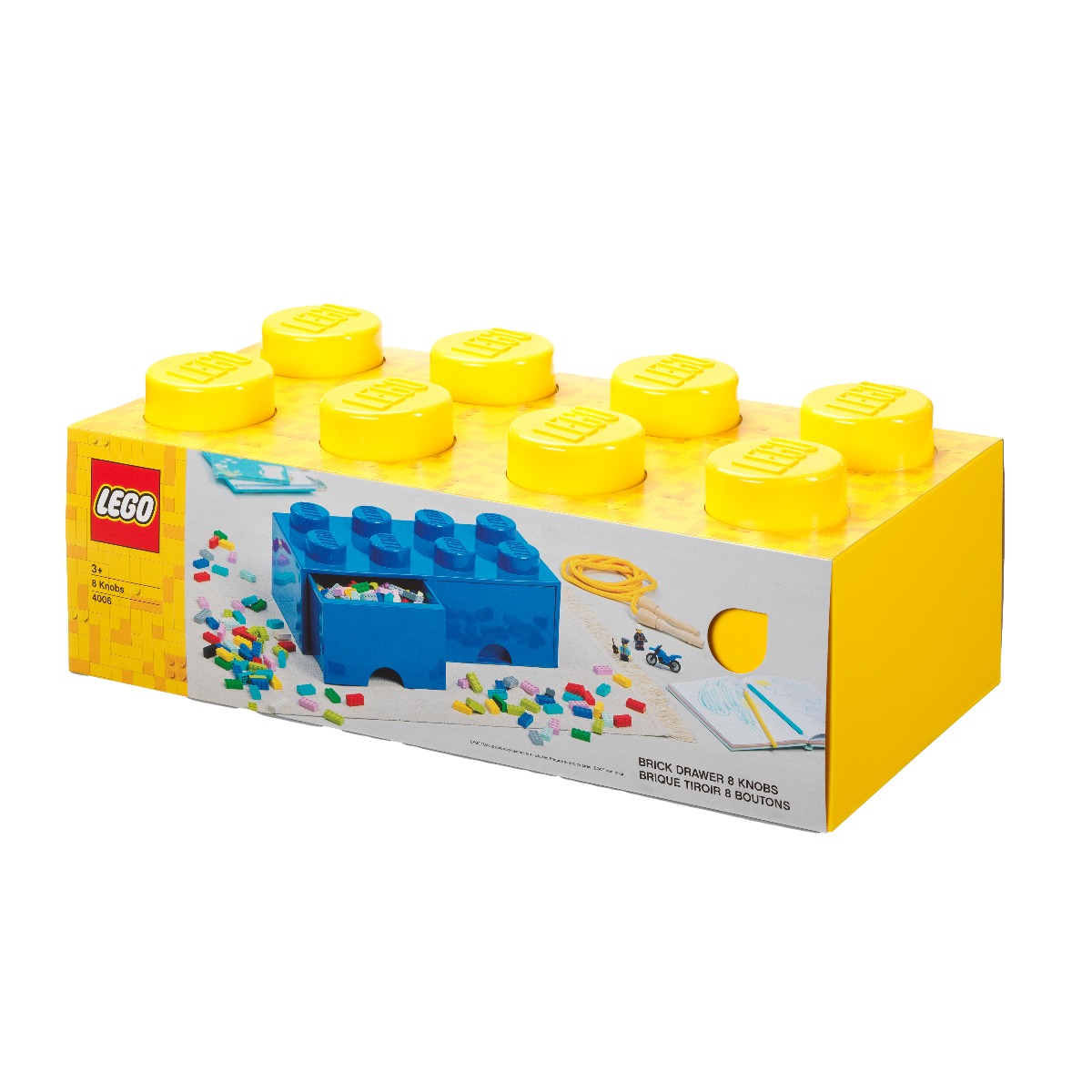 Cutie depozitare Lego, cu 2 sertare si 8 pini, Galben