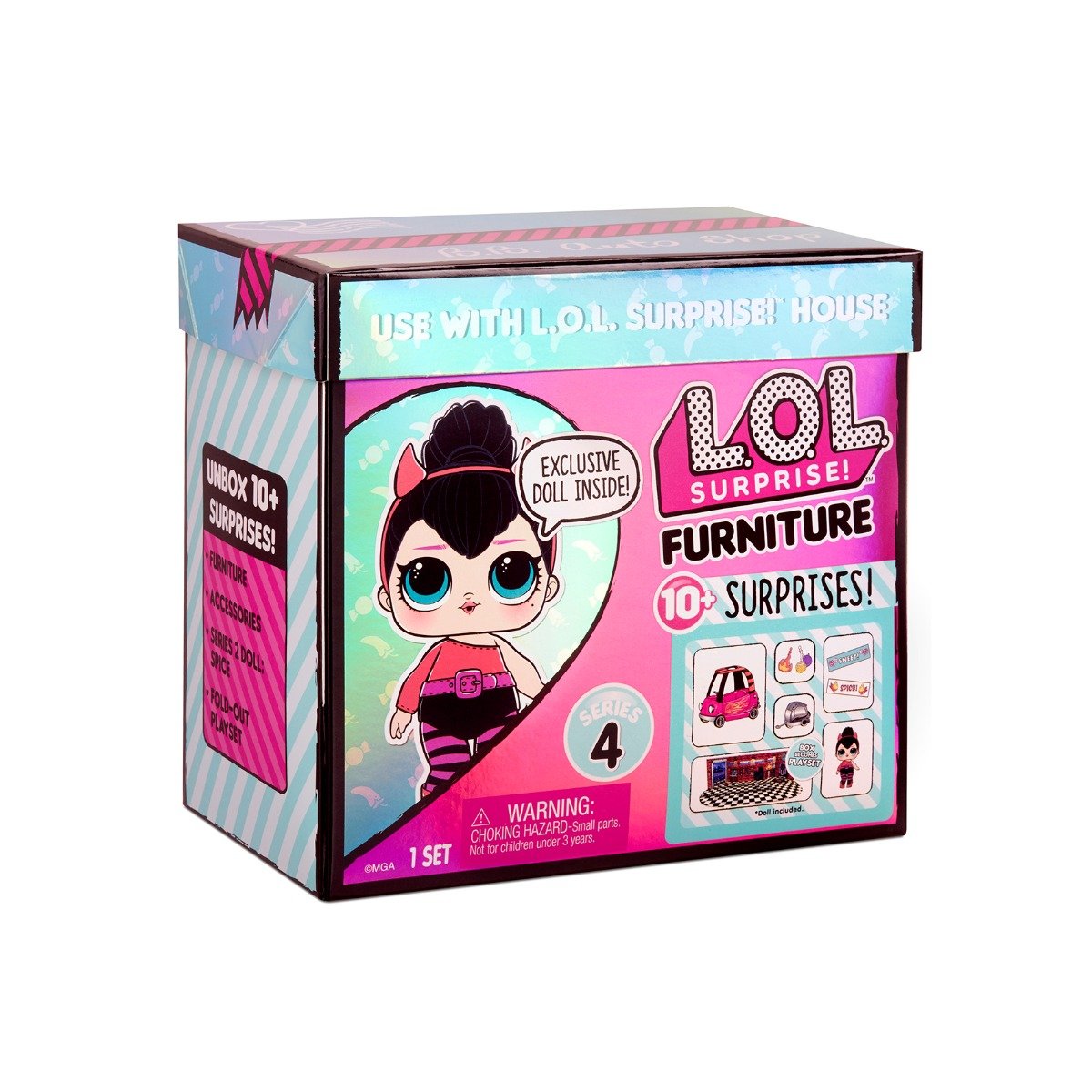 Set de joaca LOL Surprise Furniture BB Auto Shop, S4, cu papusa Spice si 10 surprize, 572619EUC
