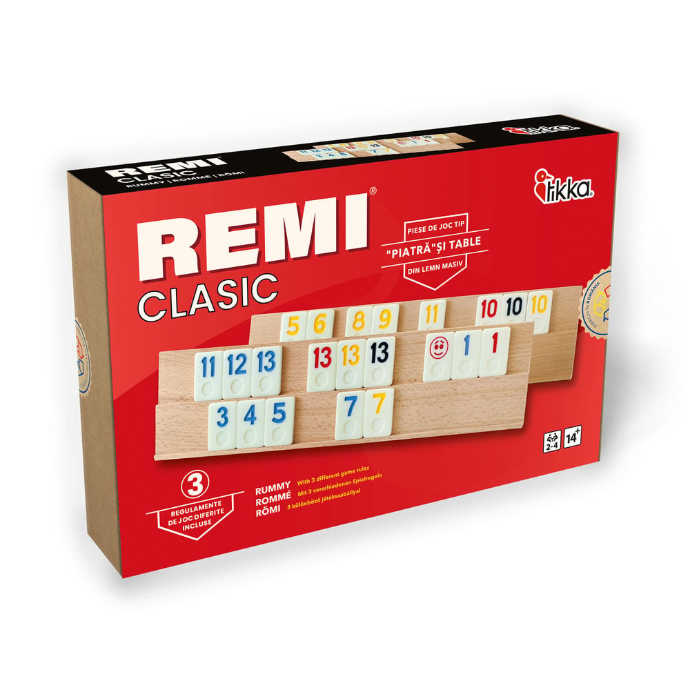 Joc Remi clasic, Deico Games, cu piese tip piatra si tabla lemn masiv, Tikka
