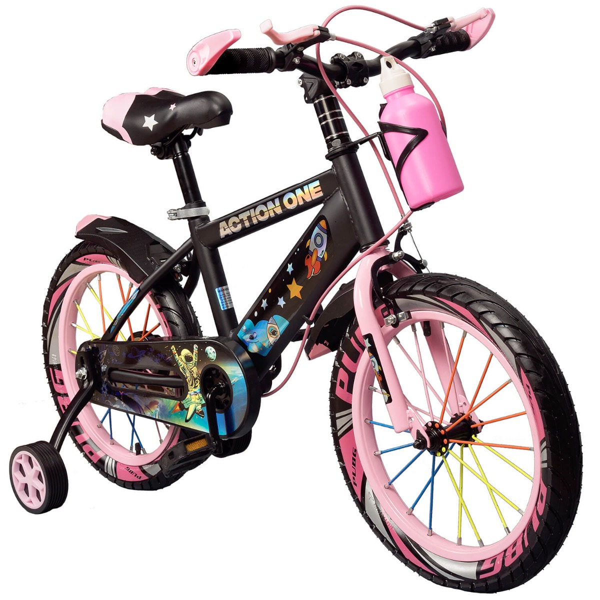 Bicicleta cu roti ajutatoare si bidon pentru apa Cameleon II, Action One, 14 inch, Roz
