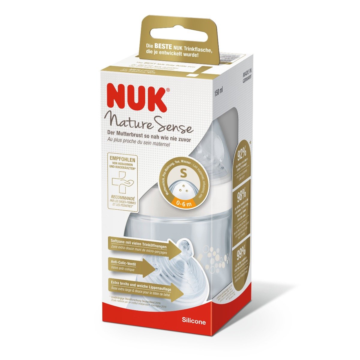 Pachet nuk ns biberon (150 ml, orificiu s) + tetina ns (silicon, 0-6 luni, orificiu m)
