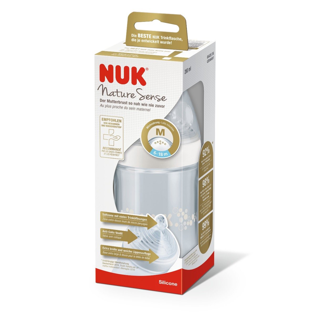 Pachet nuk ns biberon (260 ml, orificiu m) + tetina ns (silicon, orificiu m)