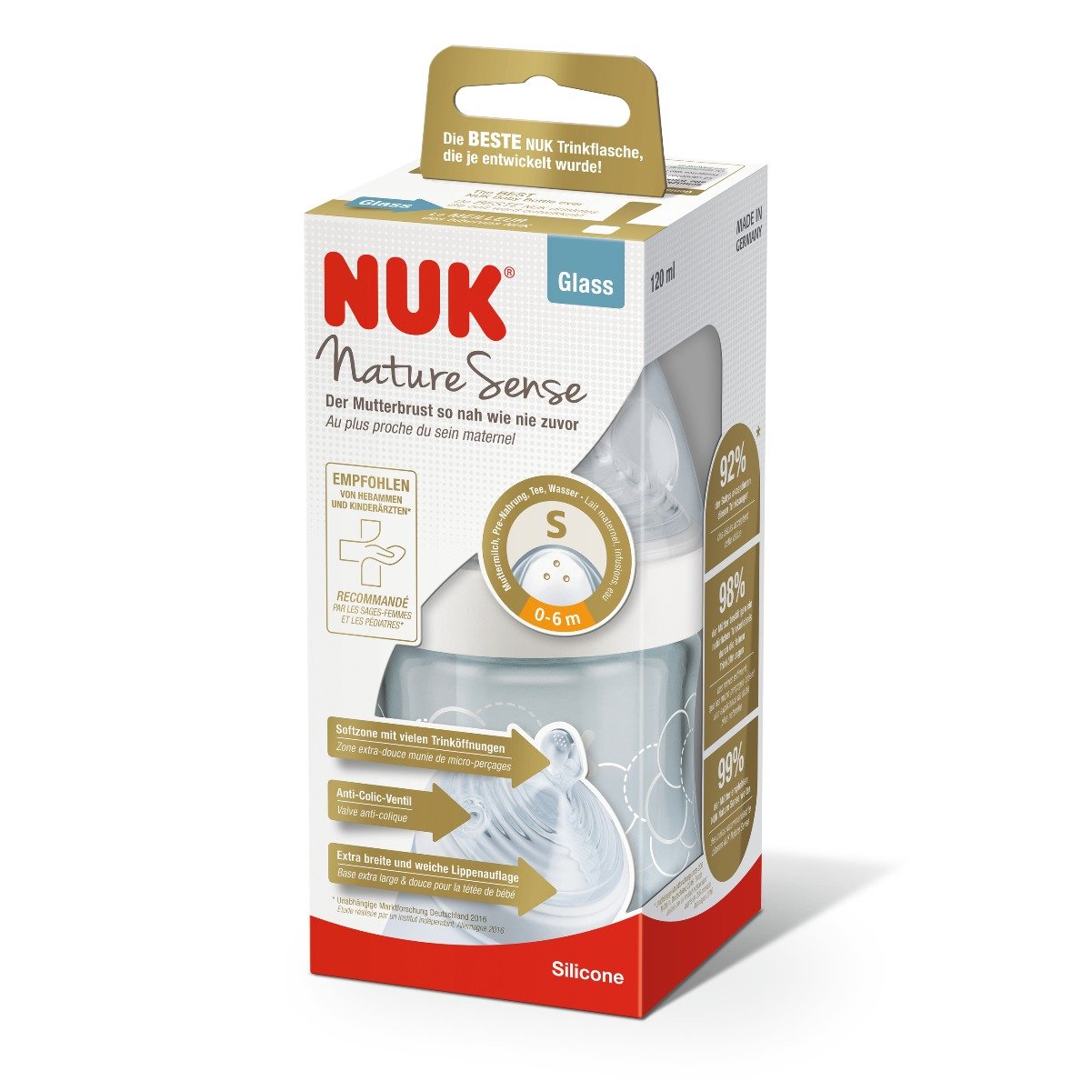 Pachet nuk ns biberon sticla (120ml, orificiu s) + tetina ns (silicon, orificiu m)