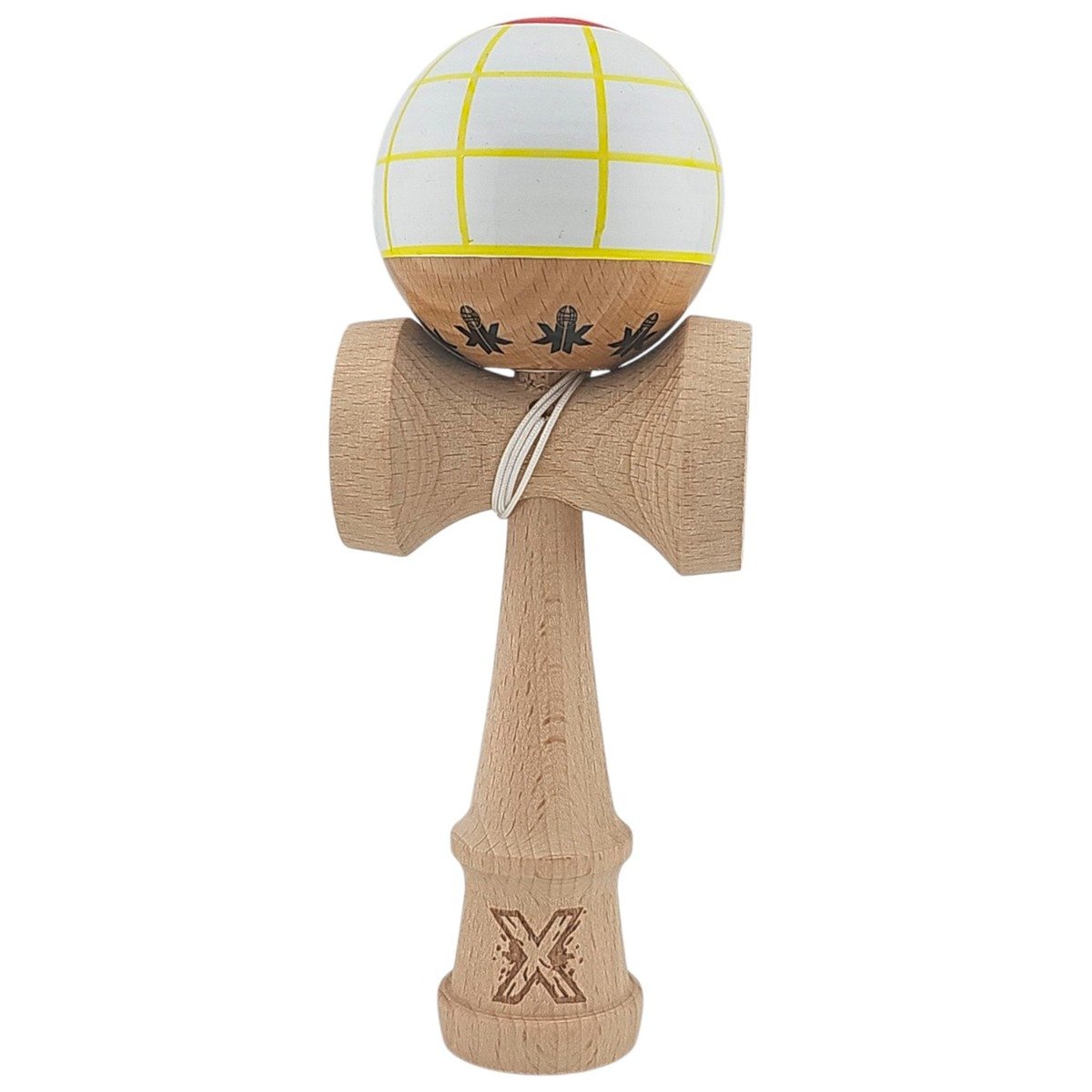 Jucarie de indemanare din lemn, Kendama X, Super Sticky, 18 cm, Alb, Galben, Rosu