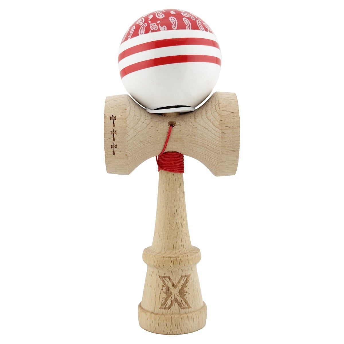 Jucarie de indemanare din lemn, Kendama X, Flippy, Chicanos, King Size V3, Super Sticky, 18 cm, Rosu, Alb