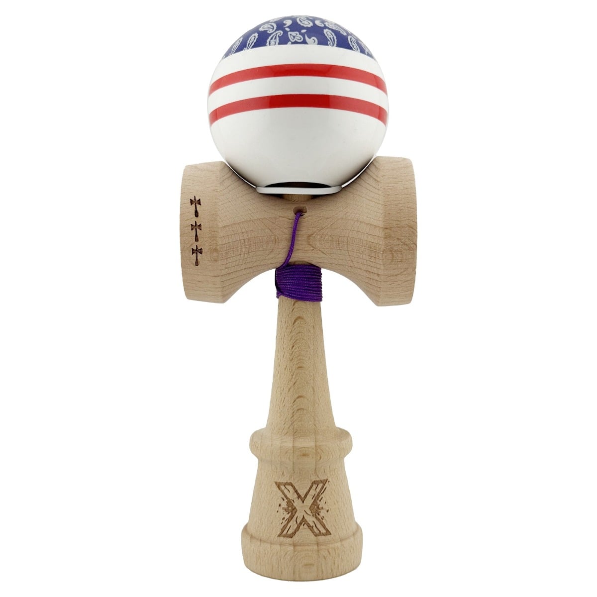 Jucarie de indemanare din lemn, Kendama X, Flippy, Chicanos, King Size V3, Super Sticky, 18 cm, Mov, Alb