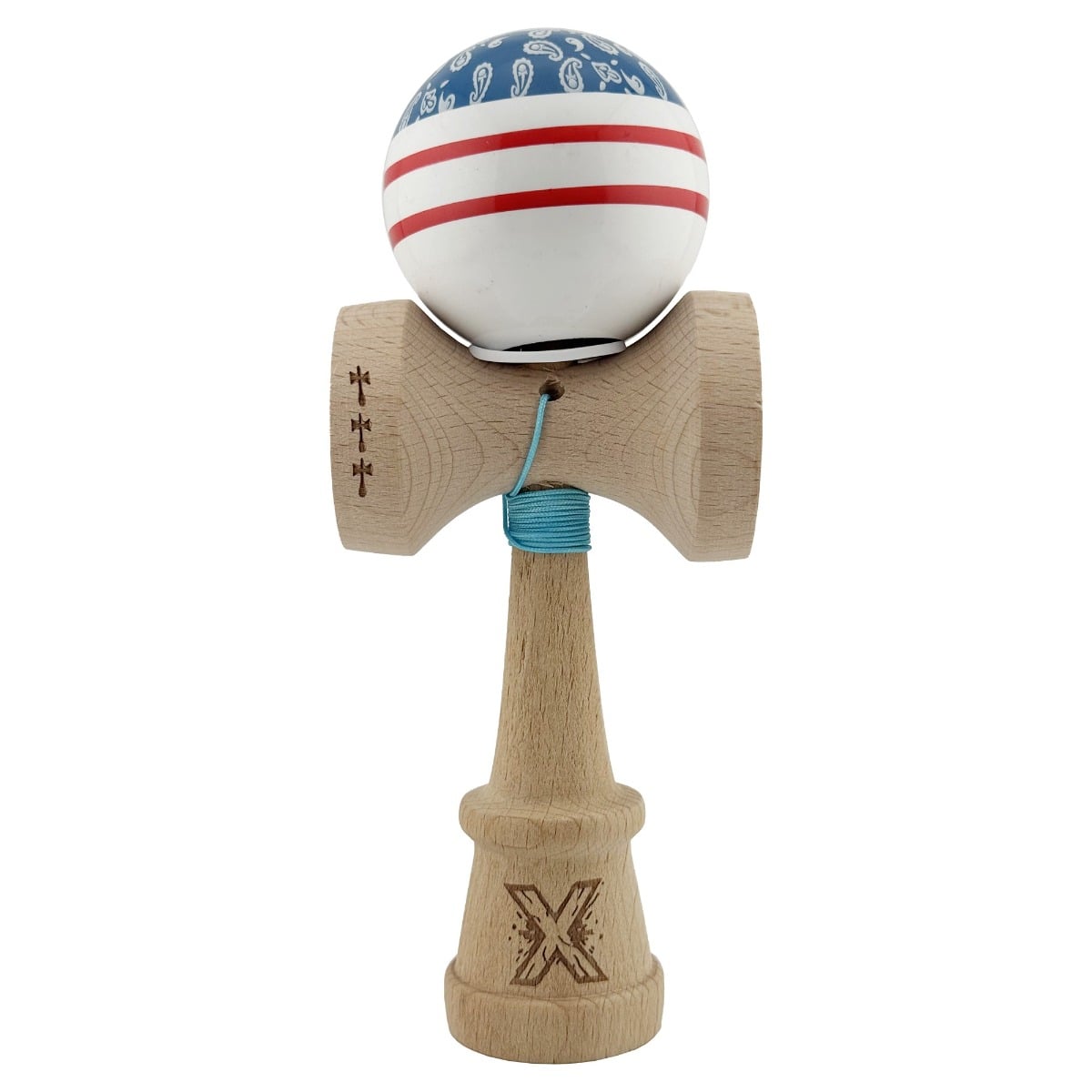 Jucarie de indemanare din lemn, Kendama X, Flippy, Chicanos, King Size V3, Super Sticky, 18 cm, Albastru, Alb