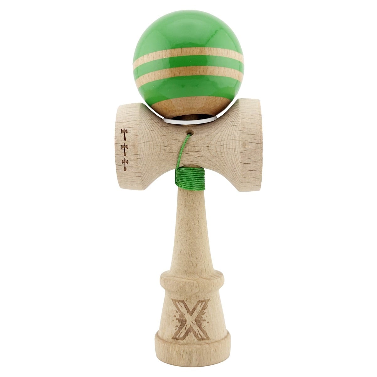 Jucarie de indemanare din lemn, Kendama X, Flippy, Rainbow, King Size V3, Super Sticky, 18 cm, Verde, Maro