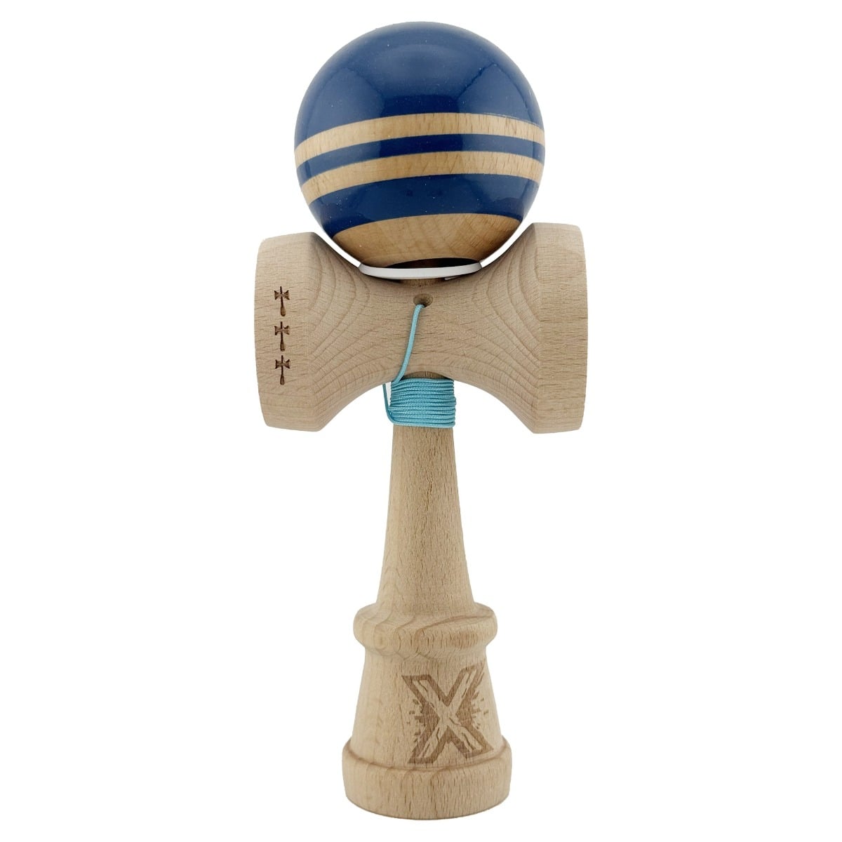 Jucarie de indemanare din lemn, Kendama X, Flippy, Rainbow, King Size V3, Super Sticky, 18 cm, Albastru, Maro