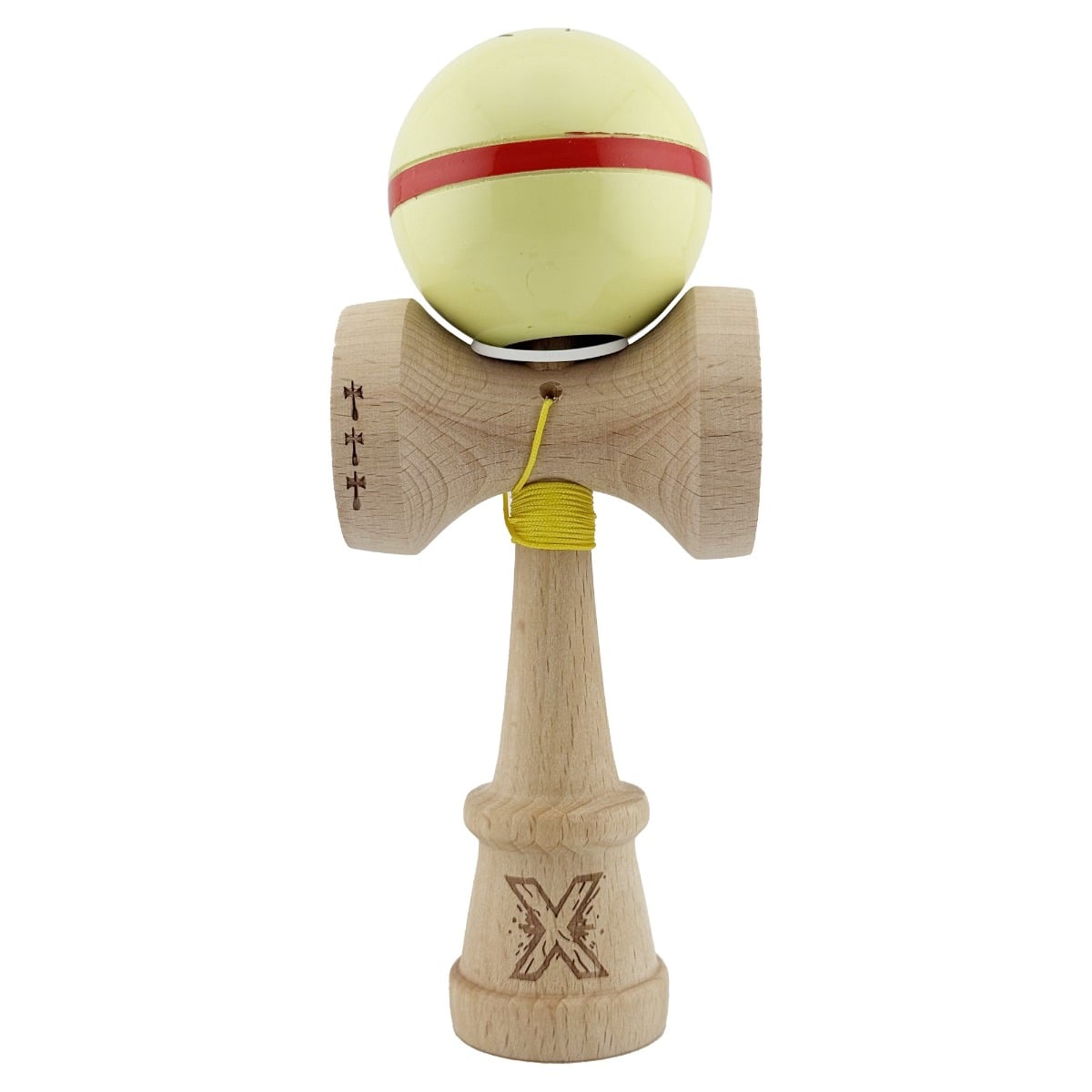 Jucarie de indemanare din lemn, Kendama X, Flippy, Silken, King Size V3, Super Sticky, 18 cm, Cream Galben