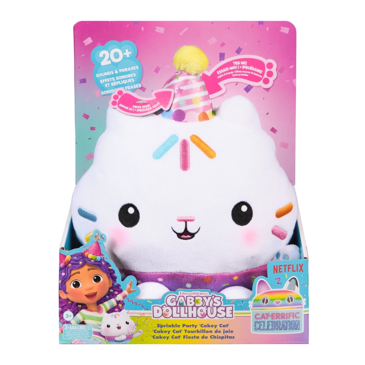 Jucarie de plus interactiva, Gabbys Dollhouse, Sprinkle Party Cakey, 25 cm, 6071152