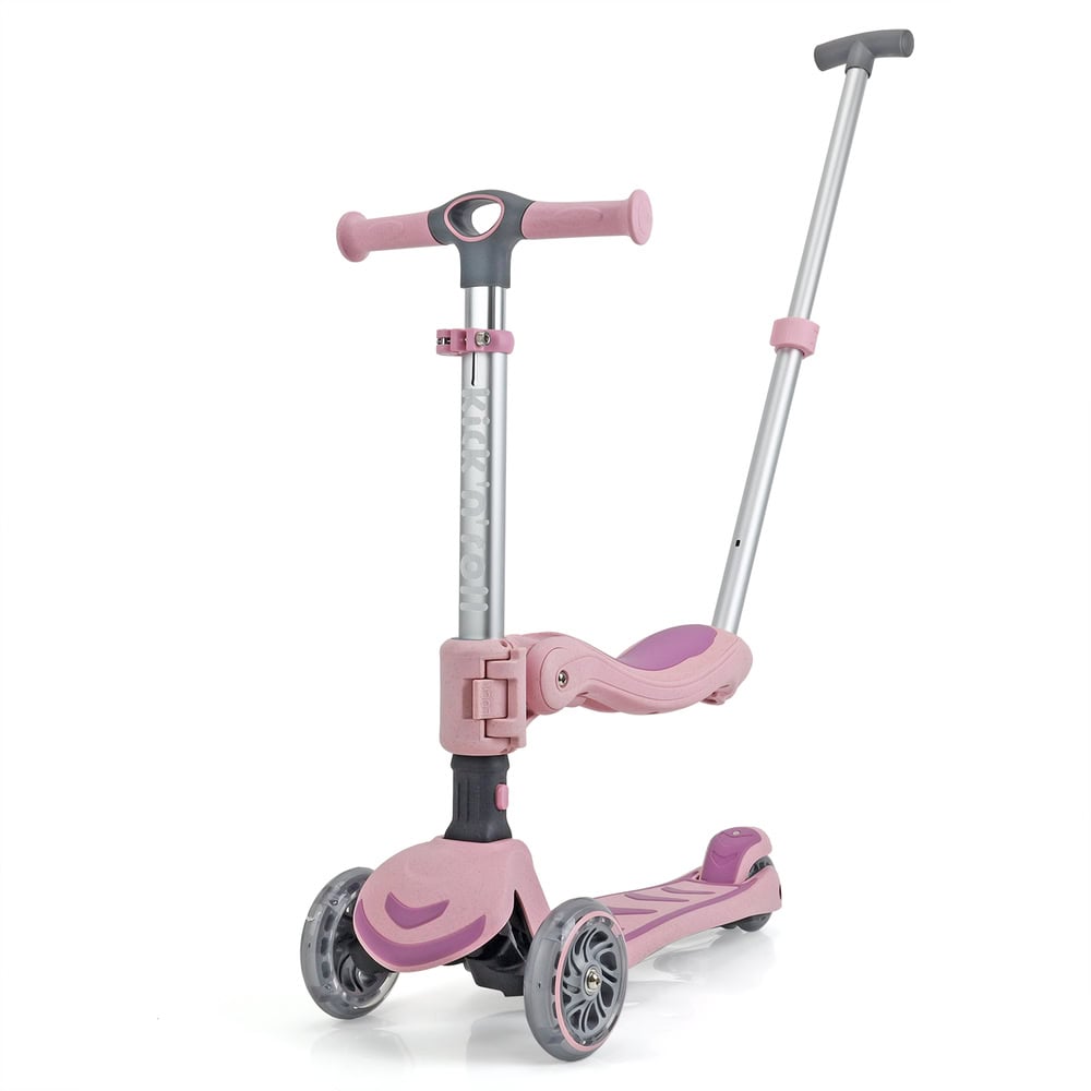 Trotineta pliabila cu 3 roti luminoase, ghidon reglabil si scaun detasabil, 3 in 1, Kick'n Roll, S6 Eco, Roz