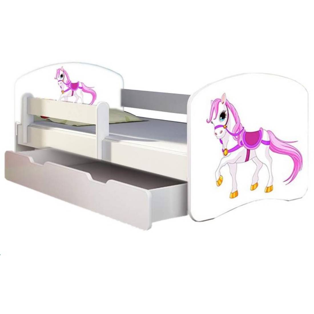 Patut Tineret MyKids Poney Natur cu Sertar si Saltea 140x70 cm