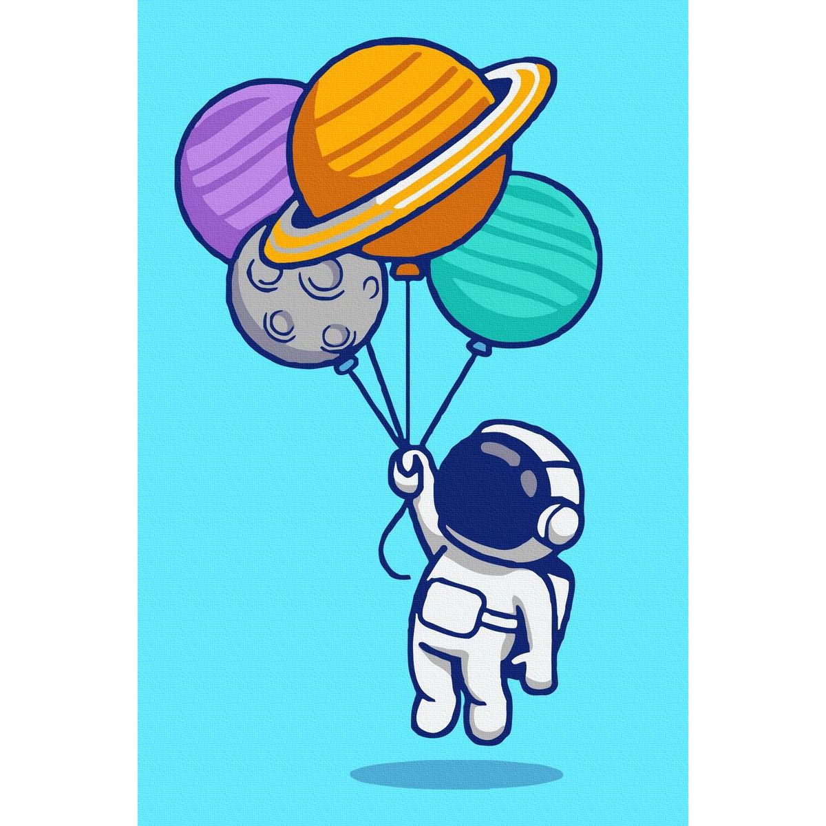 Set Acuarello, Pictura pe numere, Astronaut cu baloane, cu rama din lemn, pensule si culori acrilice