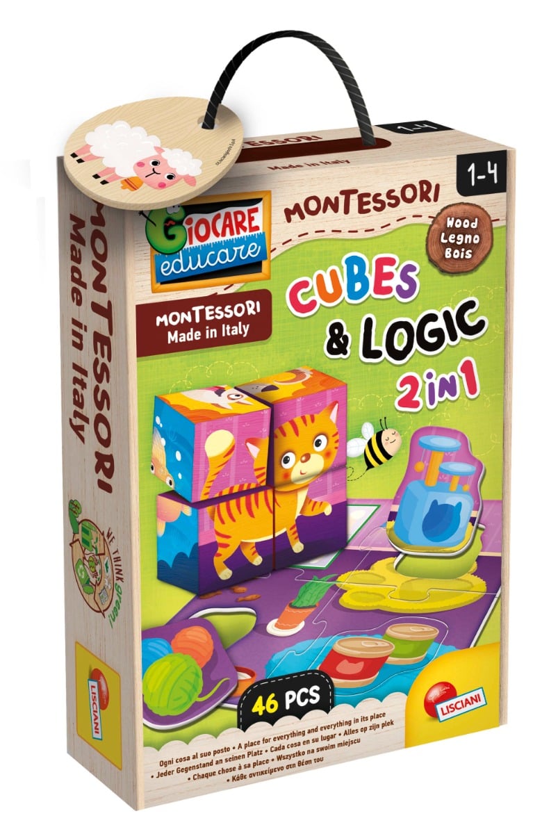 Puzzle din lemn 2 in 1, Lisciani, Baby Montessori, Cuburi, 46 piese