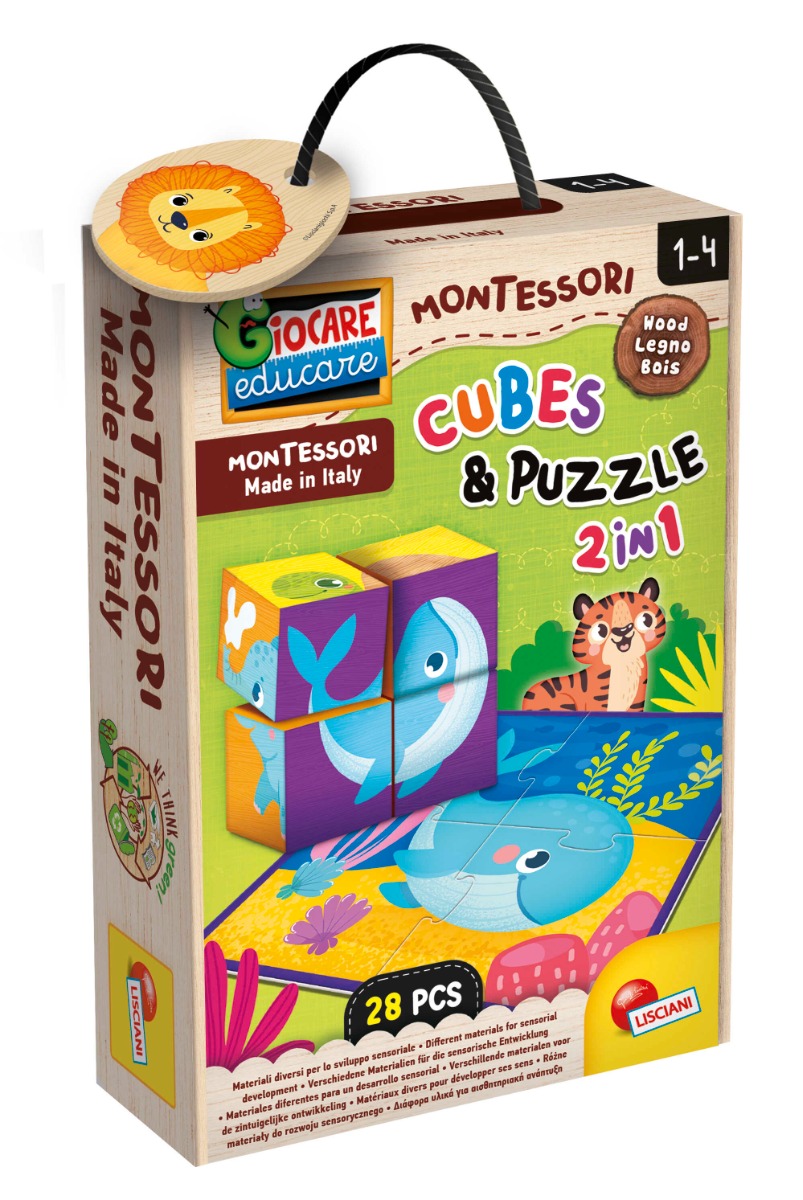 Puzzle din lemn 2 in 1, Lisciani, Baby Montessori, Cuburi, 28 piese