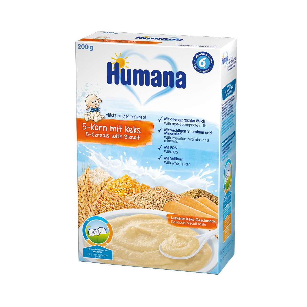 Cereale humana 5 cereale cu lapte si biscuiti, 200g, 6 luni+
