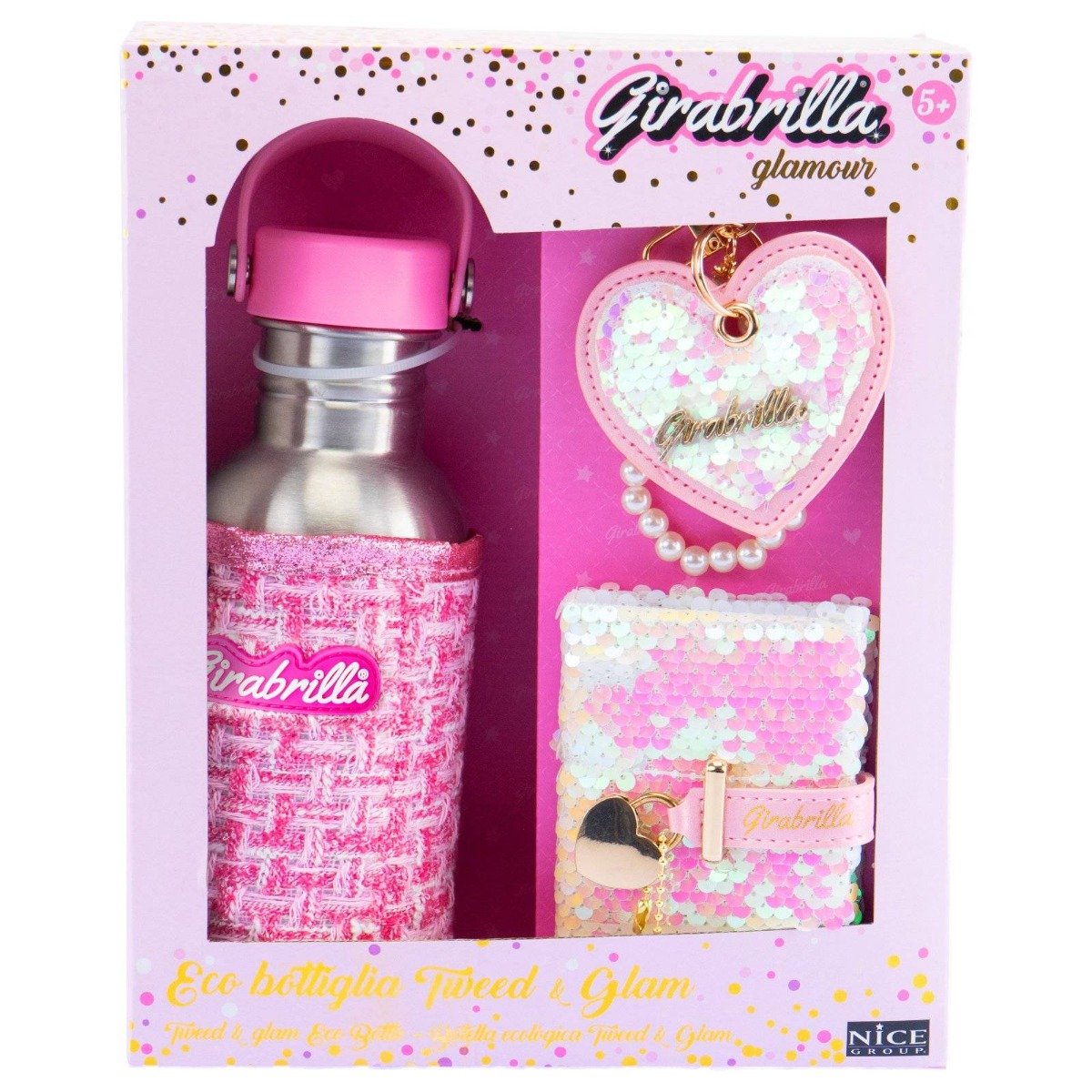 Set sticla de apa, cu husa tweed, breloc fashion si mini-jurnal cu paiete, Nice, Girabrilla