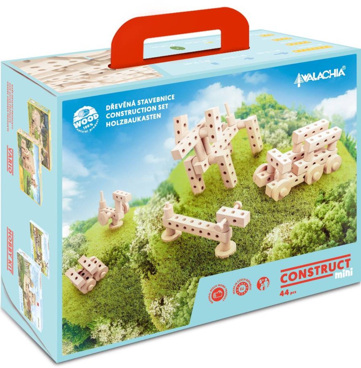 Set Gama Construct Mini, Walachia, Pentru construit masini, animale si alte modele, 44 piese din lemn