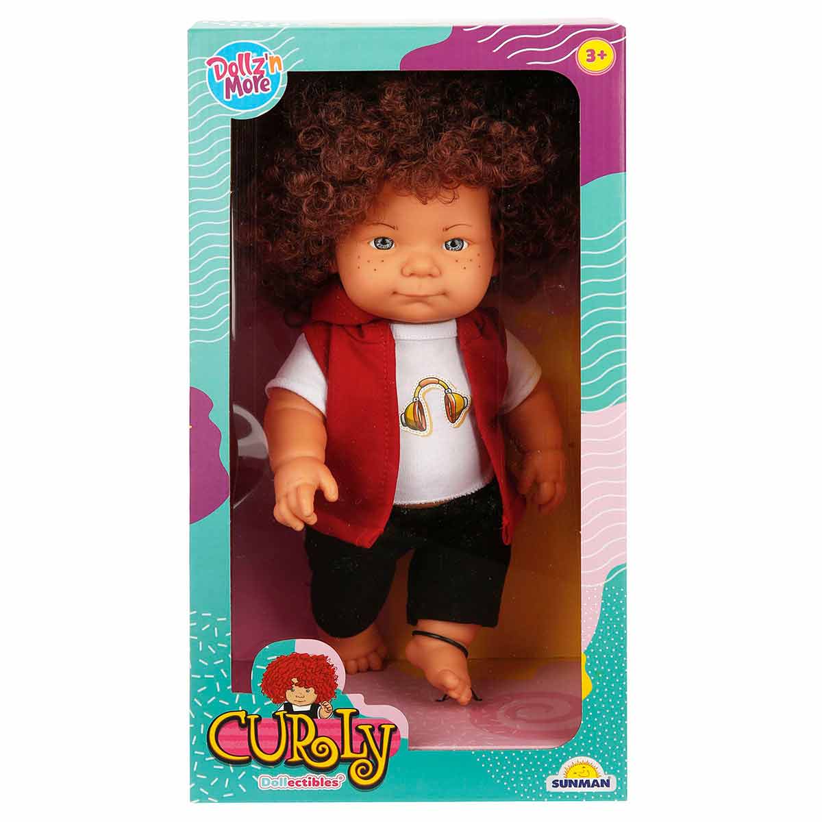 Papusa Curly, Dollz And More, Imbracata cu tricou cu casti, 35 cm